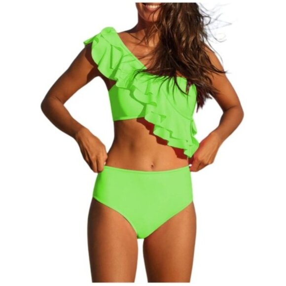 Hilinker L Womens Lime Green Large Ruffle One Shoulder Bikini Swimsuit 2 Piece - Picture 1 of 8